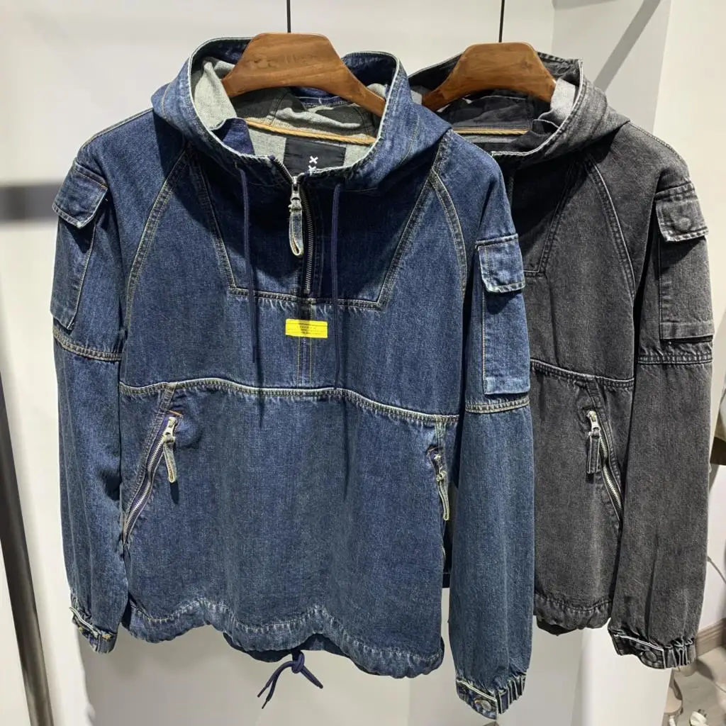 

Autumn Hooded Tooling Jacket Water Do Old Loose Big Yards More Bag Head Cowboy Long-sleeved Jacket