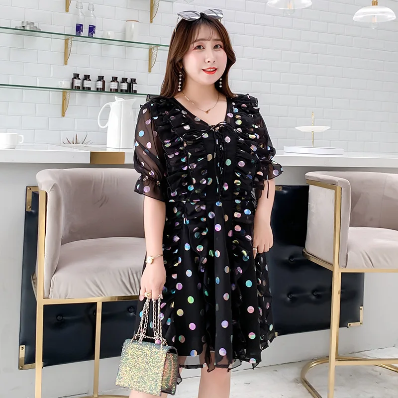 

Cute Ruffle Chiffon Loose Summer Holiday Dress A-Line Flare Sleeve Champagne Dot Casual Office Dress Knee-Length Black 4xl Dress