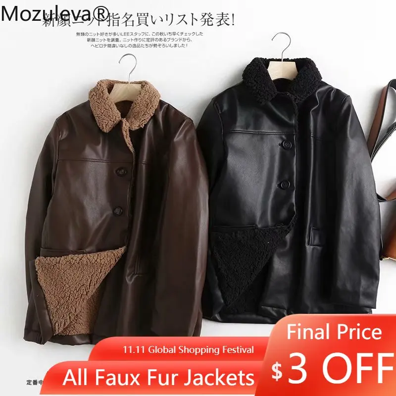 

Mozuleva Winter 2021 Women Leather Jacket with Fur Collar Brown Pu Leather Jacket Women Single Breasted Leather Blazer Women