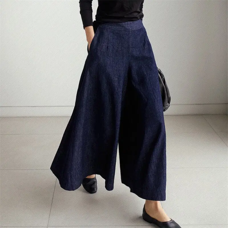 

2021 Women High Waist Over Length Jeans Pants Trousers Pockets Elastic Waist Female Wide Leg Denim Pants