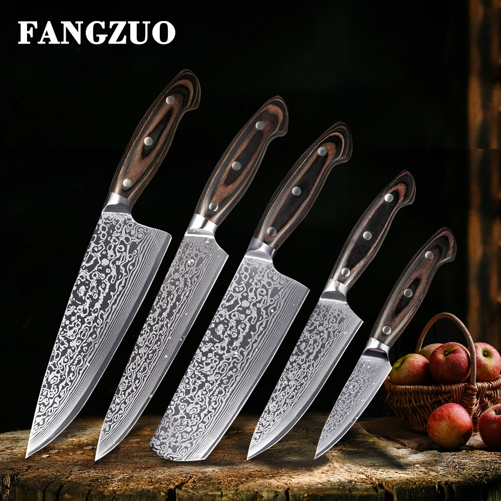 FANGZUO 5 шт. набор кухонных ножей лезвия из нержавеющей стали Дамасские лазерные наборы шеф-ножей Santoku инструменты для приготовления пищи