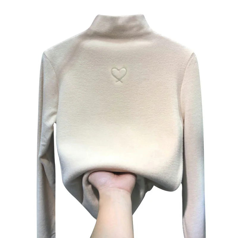 

2021 Winter Turtleneck Slim Bottoming Shirt Women Long Sleeves Thick Double Side Plush Tops Woman Tshirts Vintage Graphic Tee