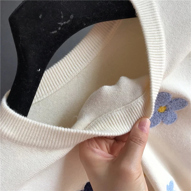 

Flowers Embroidered Pullover Sweater Women Elegant O Neck Tops Knitted Sweaters Spring Autumn Women Casual Sweatshirts Chandail