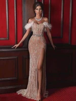 luxury khaki feather dresses feather sequin tulle prom designer stage runway vestido birthday evening runway party dresses