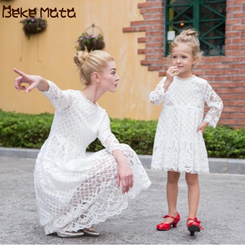 

Платье для мамы и дочки вечернее, кружевное, с длинным рукавом, 2021