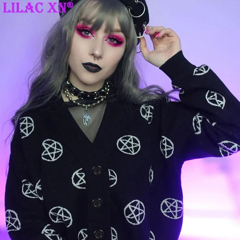 

Y2K Gothic Black Geometric Star Print Cardigan for Women Sweater Harajuku Korean Long Sleeve Chic Sweater Coat Autumn Tops 2021