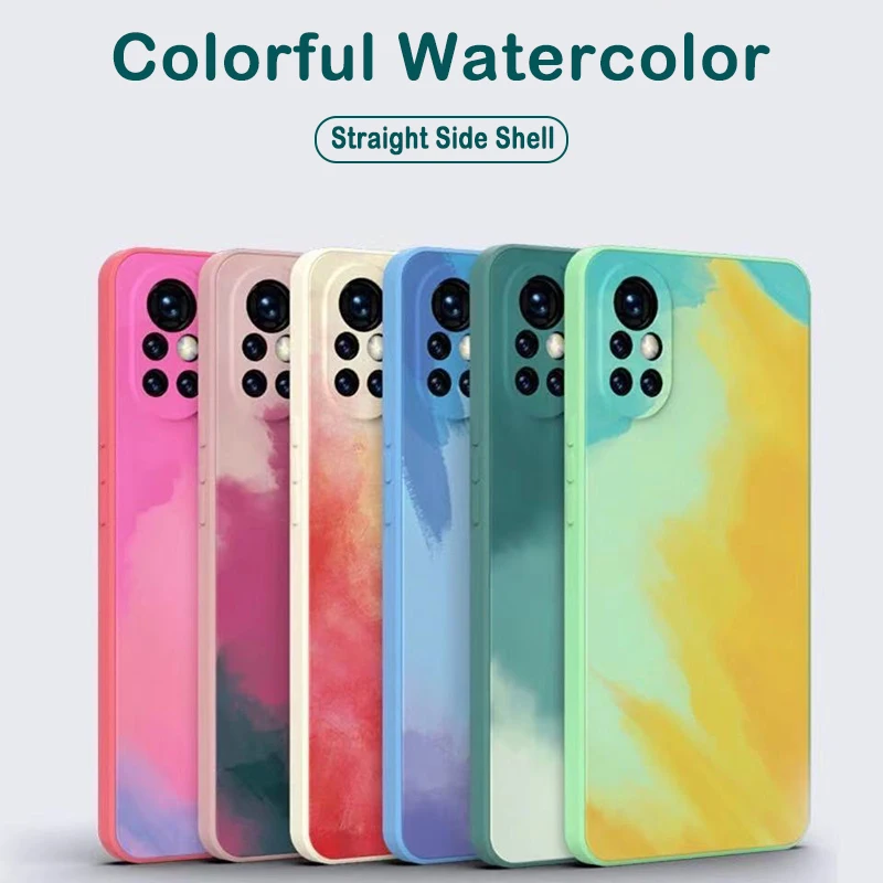 

Gradient Watercolor Painting Square Liquid Silicone Phone Case For Huawei P40 P30 Mate 40 30 Pro Nova 7 8 SE Honor 30 30S V30