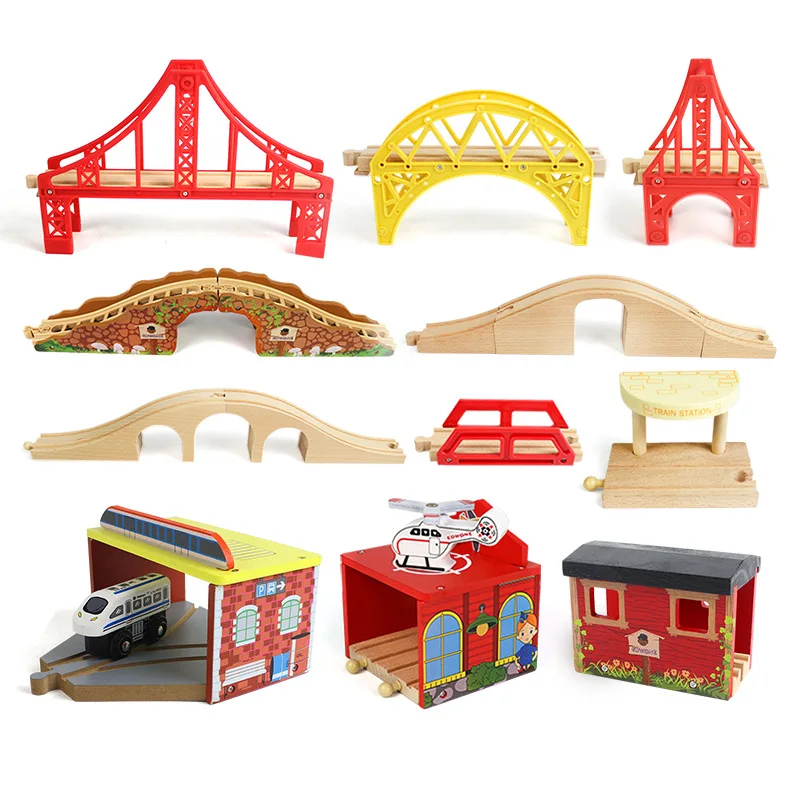 

EDWONE Beech track scene accessories parallel bar crossing airport high building bridge compatible with wooden track toys
