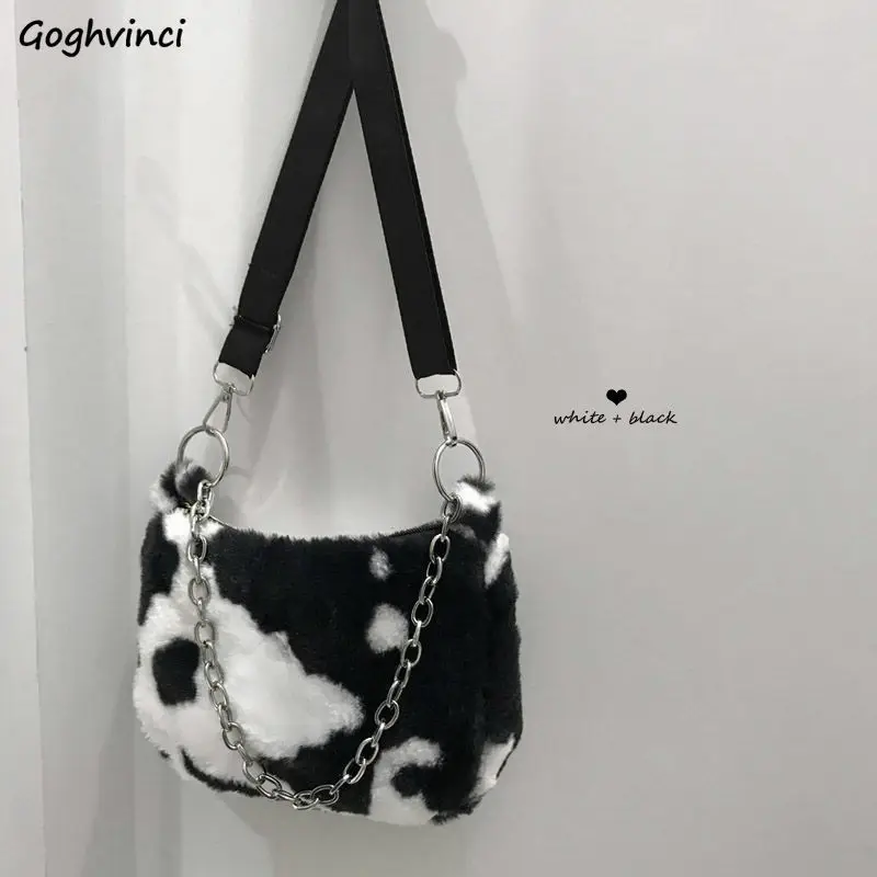 

Сумка через плечо для женщин, Мягкая Милая Студенческая Сумочка на плечо с коровьим принтом, мессенджер с цепочками из искусственного меха ...
