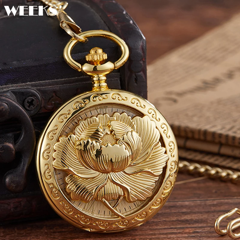 

Luxury Gold Mechanical Pocket Watch Golden Peony Flower Engraved Steampunk Skeleton Fob Chain Clock for Men Women Present Gift