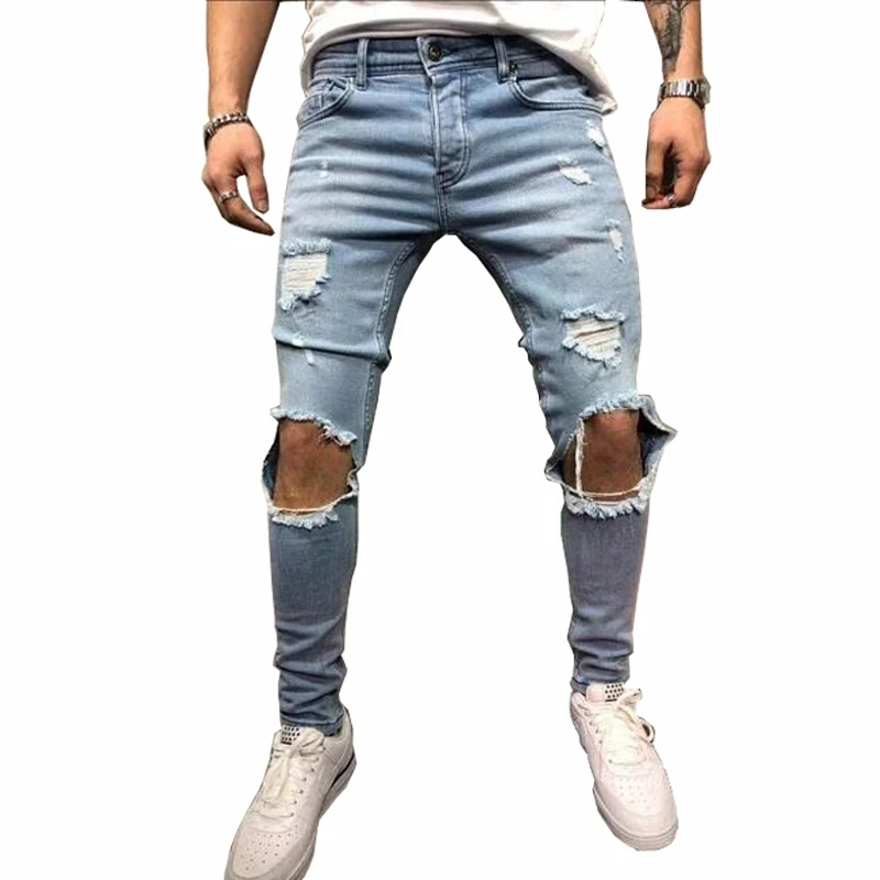 

Fashion Streetwear Men's Jeans Vintage Blue Gray Color Skinny Destroyed Ripped Jeans Broken Punk Pants Homme Hip Hop Jeans Men