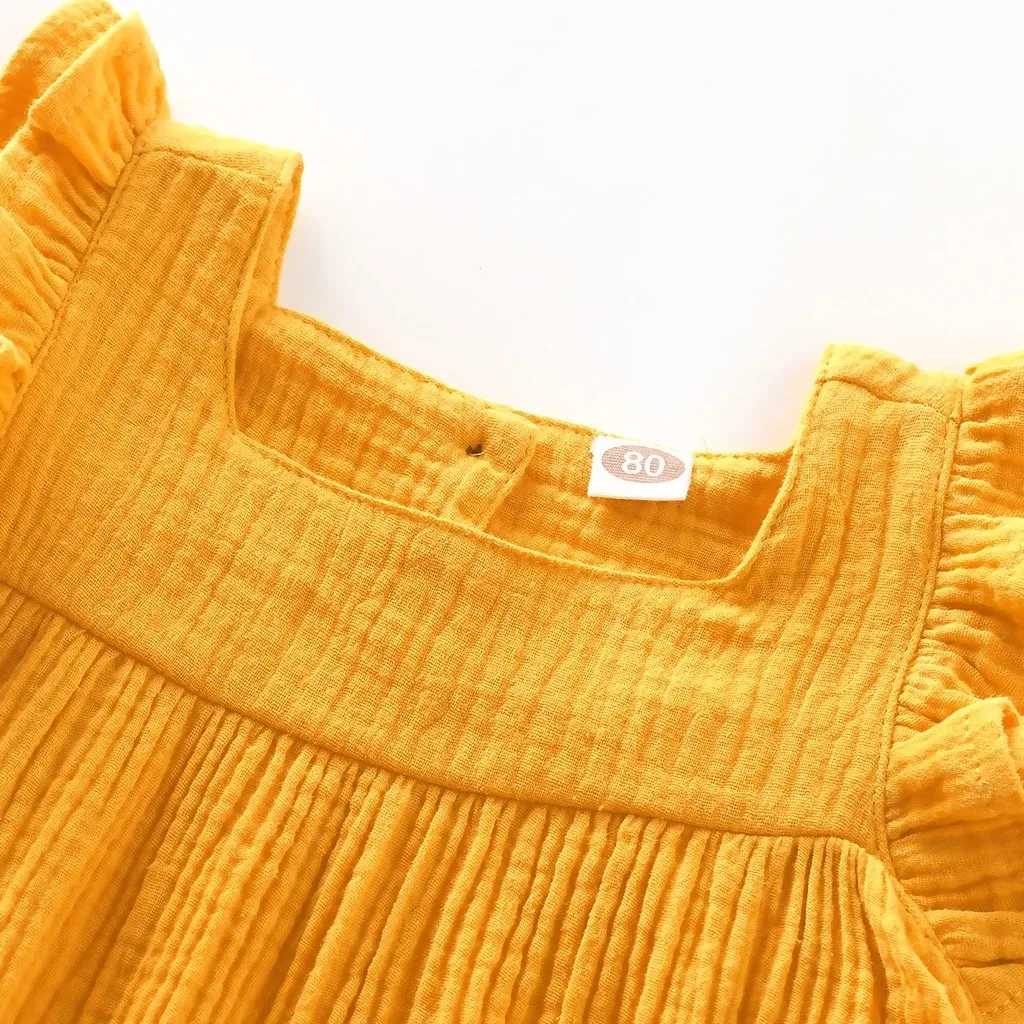 Summer children flying sleeves ruffled solid color cotton and linen dress pure yellow cute fashion breathable платье летнее S4 |