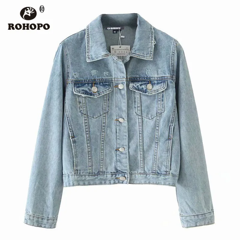 ROHOPO женская джинсовая куртка с верхним карманом эффектом потертости небесно