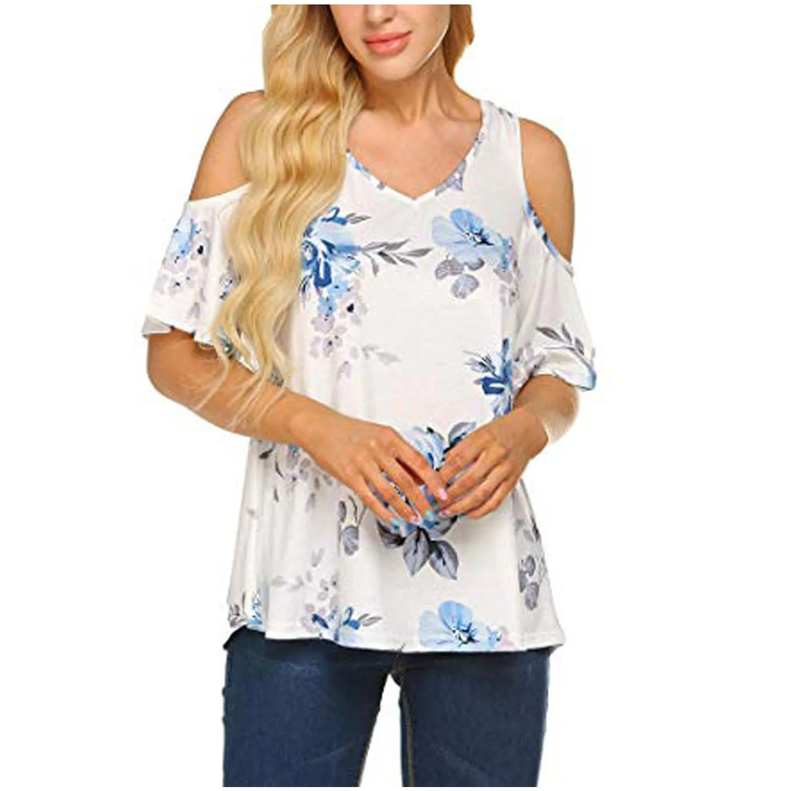 Футболка женская летняя с цветочным принтом и открытыми плечами | Женская одежда