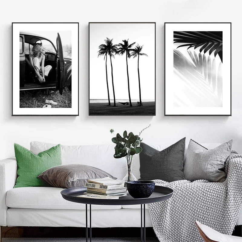 Черно-белый тропический пейзаж летнее украшение холст живопись Зеленый лист