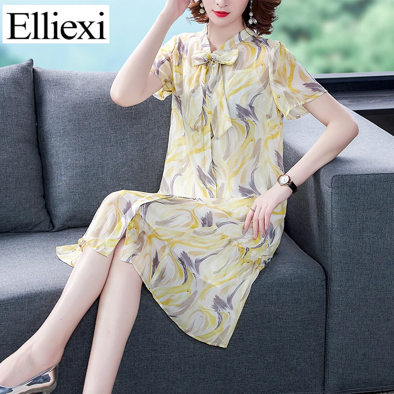 

Elliexi Loose Printed Dress Women Summer Casual Bow Elegant Midi Dresses Elegant Female Holiday Chiffon Straigth Dress 2021