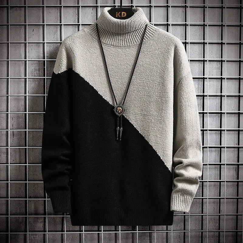 

Мужской вязаный свитер с высоким воротником, Теплый Толстый Пуловер составного кроя, зима 2021