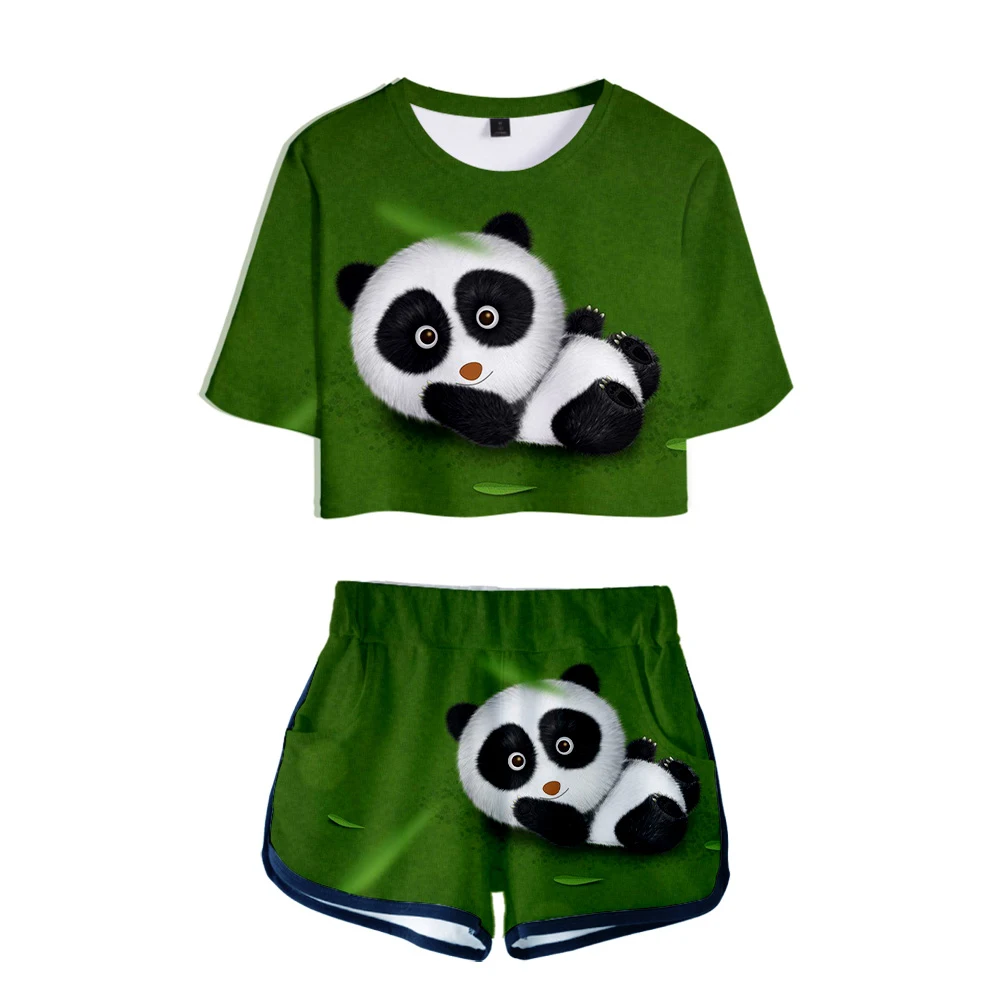 

Beautiful Girls Sexy Cool Panda T Shirt Two Pieces Sets Cute Dew Navel Sport Girl Short Sleeve Tracksuit Shorts Pants t shirts
