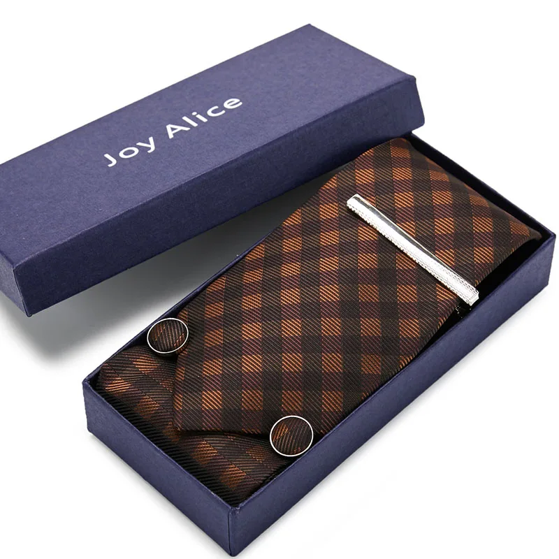 Новый коричневый клетчатый галстук набор мужской размер 145 см * 8 100% шелк