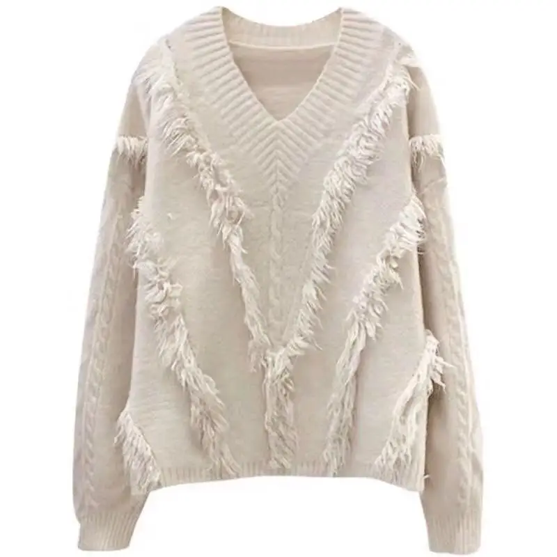 

Women Knit Sweater Shirt Long Sleeve V-necked 5 Color Solid Loose Fall Winter Top Elegant Casual Oversize Jumper C45