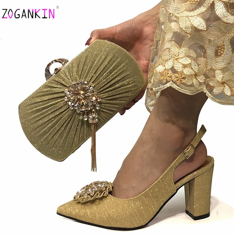 

Latest Fashion Crystal Gold Color Pointed Toe Sandals And Bag Set African Style Woman Shoes And Matching Purse Set