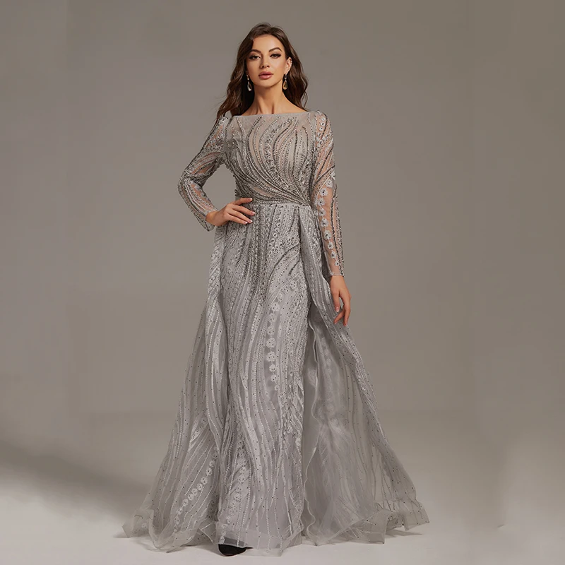 UZN Gorgeous A-Line Lace Beading Prom Dress Scoop Neckline Long Sleeves Evening Dress Hot Sale Party Dress 2022 Robe de bal