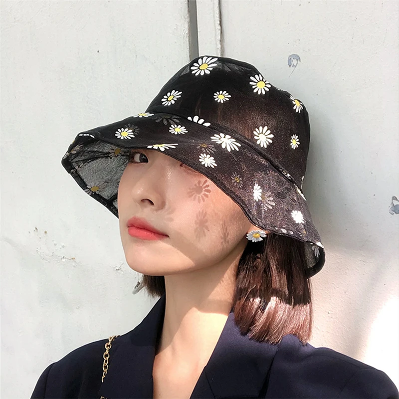 

Summer Daisies Embroidered Buckets Hat Women Transparent Panama Lace Flower Beach Hats High Top Snapback Fashion Daisy Sun Cap