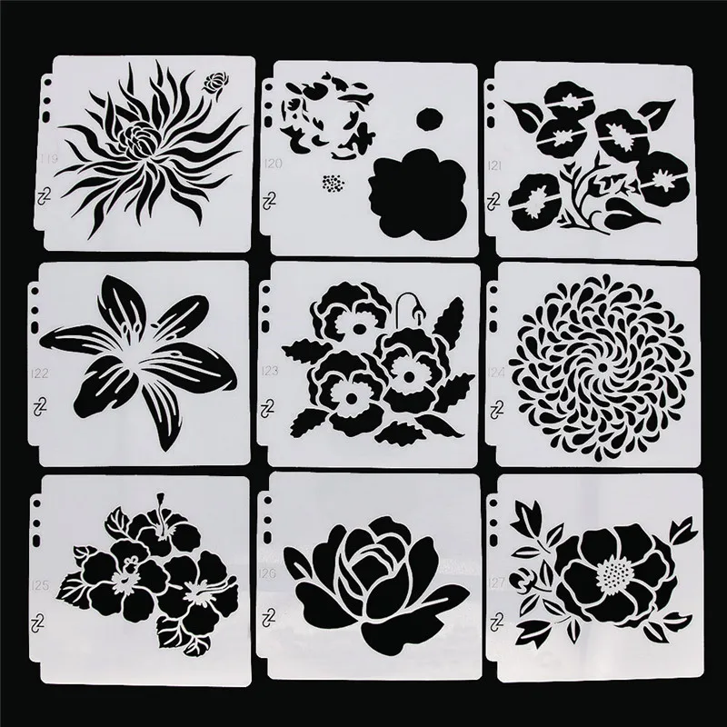 

9pcs Flower Scrapbook Tencils Spray Plastic Mold Shield DIY Cake Hollow Embellishment Printing Lace Ruler Valentine