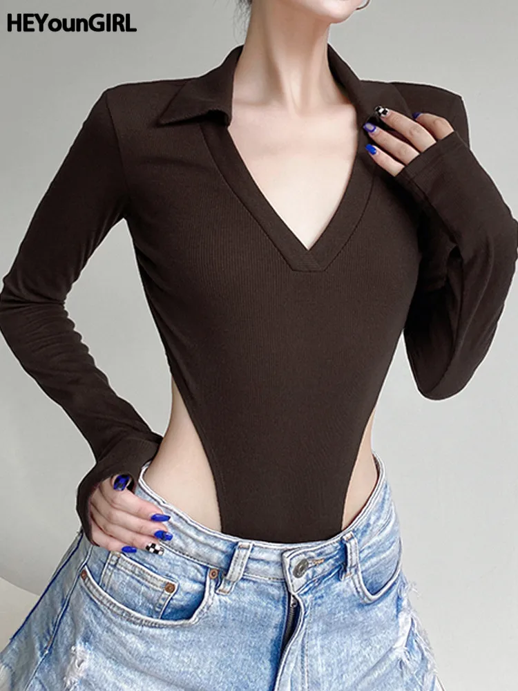 

HEYounGIRL Long Sleeve Basic V Neck Women Bodysuit Sexy Skinny Brown Clothes Autumn Casual Fashion Bodycon Tshirts Club Outfits