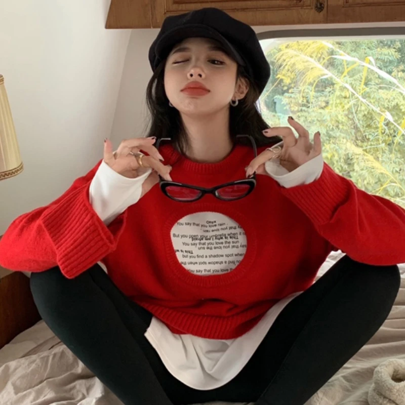 

Hollow Red Christmas Sweater Women's Outer Wear Pullover O Neck Loose Design Long-sleeved Sweater Autumn and Winter Top