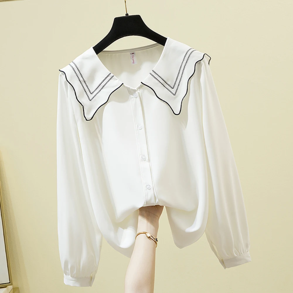 

Women's Shirts Fashion Woman Blouses 2022 Elegant Embroiery Doll Collar Long-Sleeved Loose Shirts Female Casual Tops