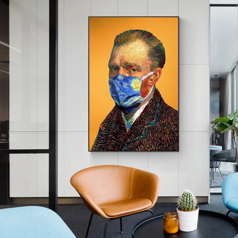 Funny Character Art Van Gogh Wears A Blue Starry Sky Mask Posters Cuadros Canvas Paintings Wall Room Home Decor (No Frame) | Дом и сад