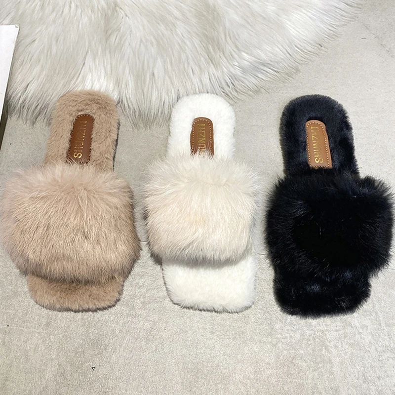 

Big Size Women Winter Slippers Home Furry Flats Casual Slides Female Short Plush Flip Flops Shoes Ladies 2021 Fur Slippers