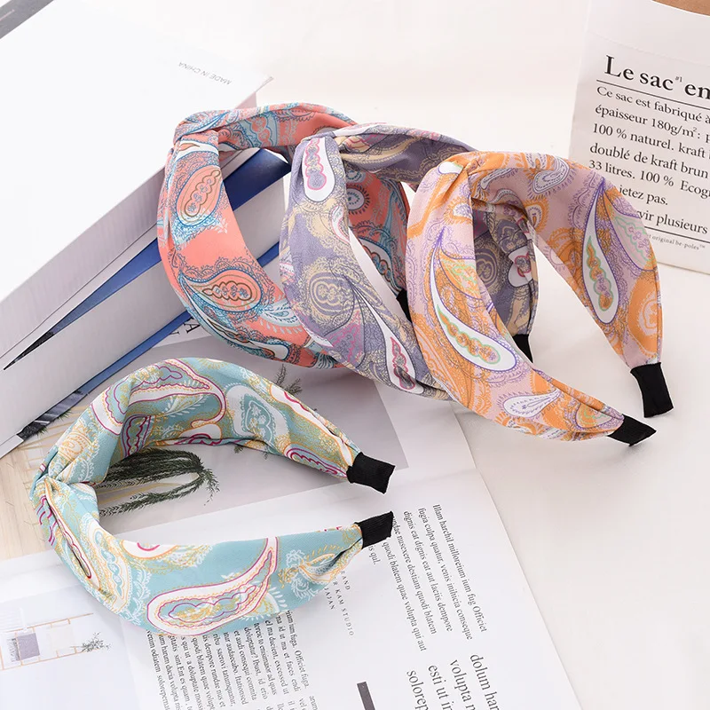

Feather PrintedHairband Hair Accessories For Women Retro Style Cloth Fashion Headwear Wide Side 1Pcs Knotting Hair Hoop