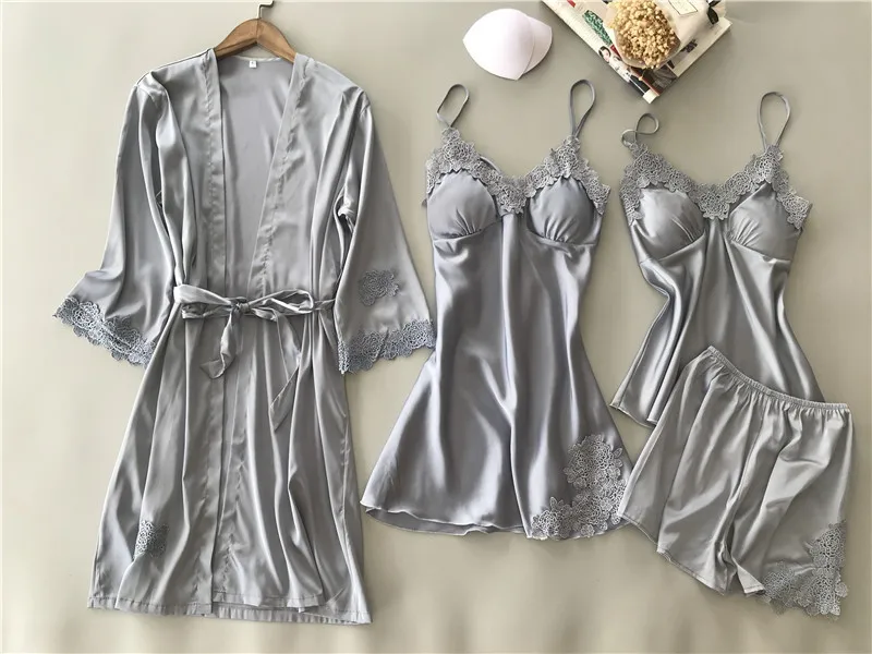 Spring New 4 Pcs Lace Fashion Women Pajama Set With Chest Pad Spaghetti Strap Cardigan Shorts Set Pyjamas