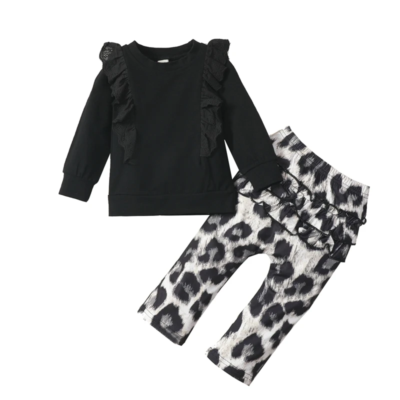 

Little Girl’s T-shirt and Trousers Suit Fashion Solid Color Black Long Sleeve Tops and Leopard Long Pants Autumn Clothes Set