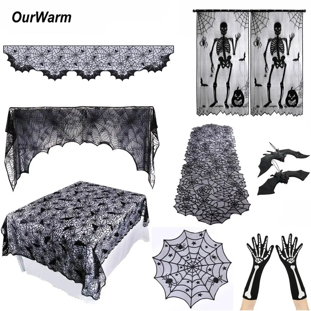 OurWarm Halloween Party Decor Cobweb Fireplace Scraf Black Lace Spiderweb Curtain Tablecloth Mantle Hanging Ghost Home Supplies