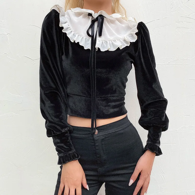 Женская Винтажная Футболка Goth черная облегающая футболка с длинным рукавом и О
