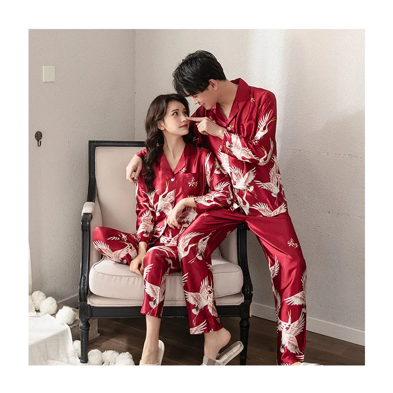 

FZSLCYIYI crane Pajama suit Satin Pajamas Sets Couple Sleepwear Family Pijama Lover Night Suit Men & Women pyjamas robe & gown