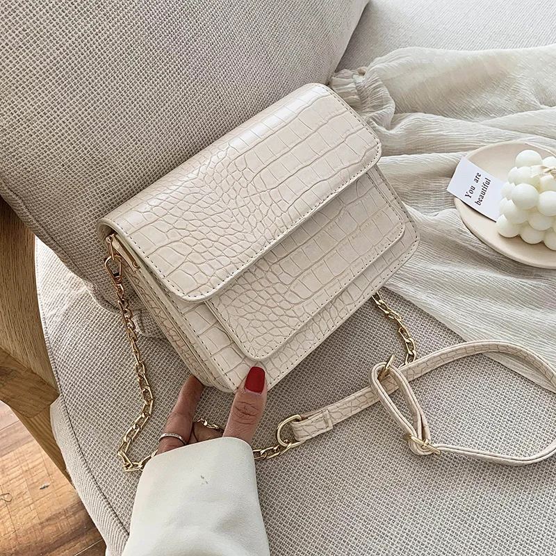 

Small Crocodile Pattern PU Leather Flap Bags For Women 2021 Simple Shoulder Crossbody Handbags Chain Cross Body Bag
