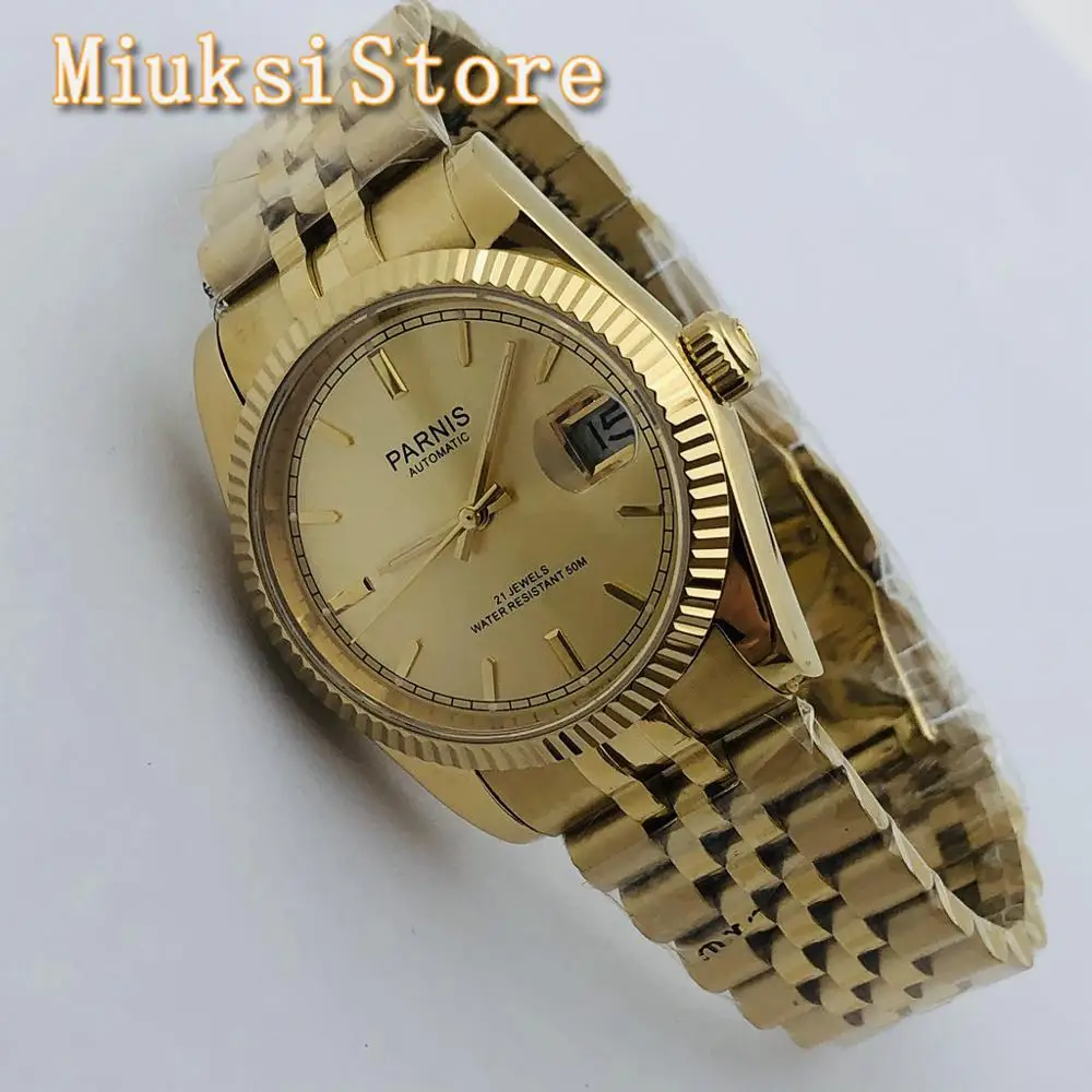 Женские Классические Механические часы Parnis 36 мм золотой чехол с сапфировым