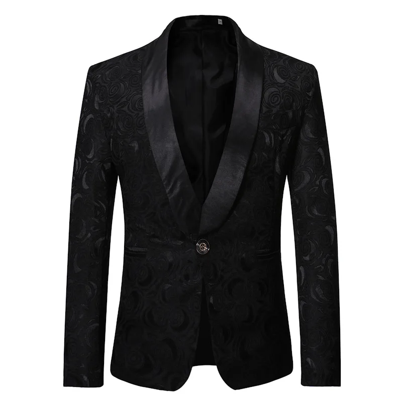 

Mens Black Rose Jacquard Dress Blazer Jacket Men Nightclub Blazer Business Wedding Party Suit Jacket Stage Singers Clothes