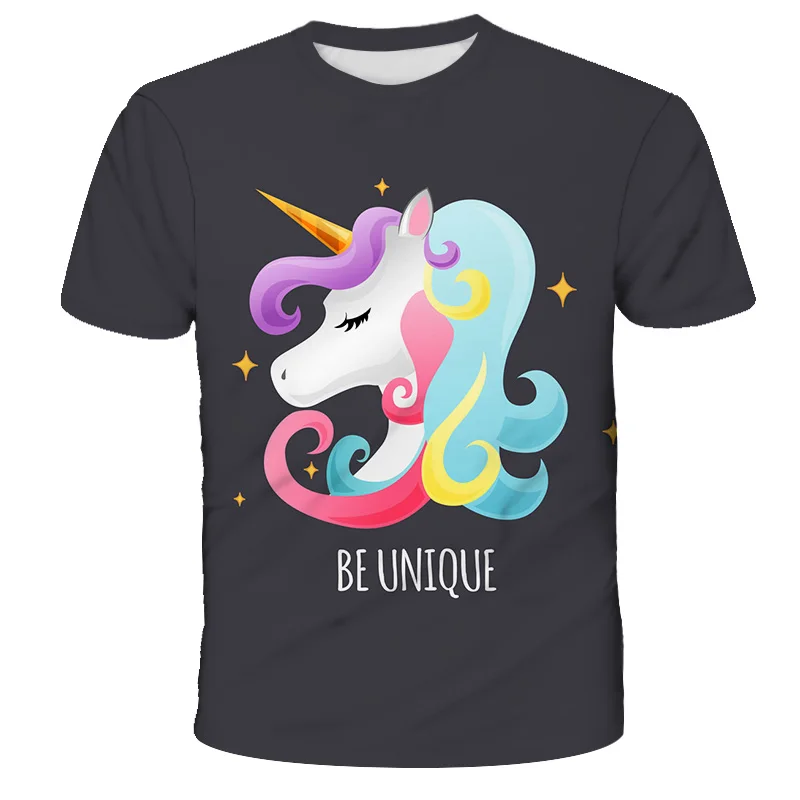 

2021 summer new cool children 3D parent-child short-sleeved unicorn pattern family leisure sports T-shirt unisex