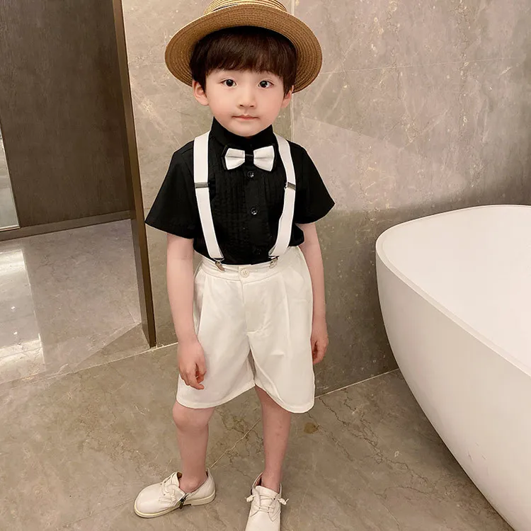 

Boys Summer T Shirt +Shorts+Suspender+Tie 4PCS Clothing Set Kindergarten Kids Dress Children Photograph Suit Chorus Costume