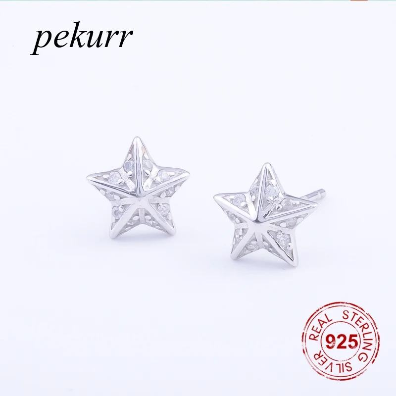 Pekurr 925 пробы серебряные серьги гвоздики с 3D пятиконечными звездами для женщин