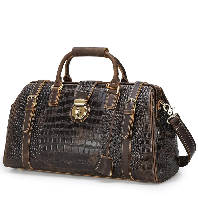 men Genuine leather crocodile grain Travel bag large capacity lock shoulder Inclined  bag Crazy horse handbag Messenger bag