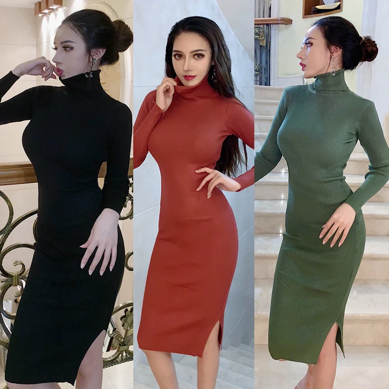 

New Autumn Winter Women Sexy Knitted Dress Turtleneck Sweater Dresses Lady Slim Bodycon Long Sleeve Bottoming Dress Vestidos