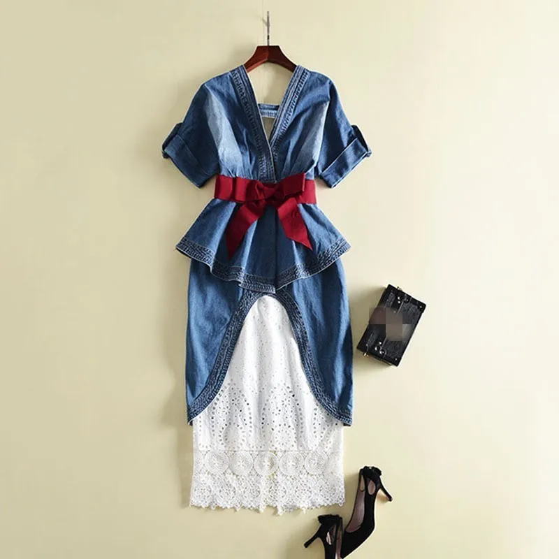 

Sexy V-Neck Backless Bow Sashes Short Sleeve Womens Asymmetrical Ruffles Medium Length Denim Dresses White Lace Hollow Out Dress