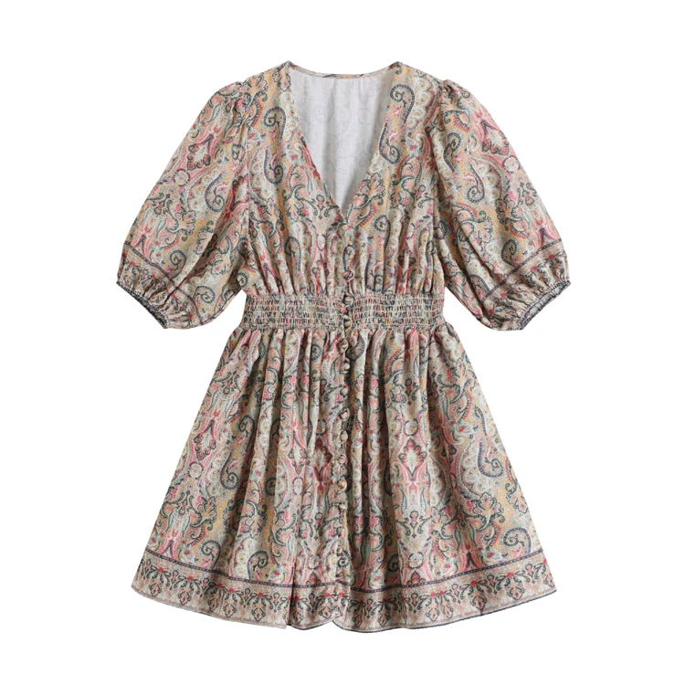 

Vintage Print Temperament Dress Women High Waist Mini Dress Vestidos Summer V-Neck Puff Short Sleeve Robe