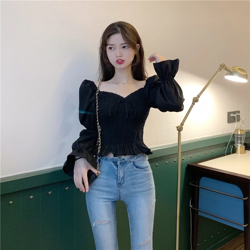 

sweet women brand style blouses women crop tops square collar shirts black white blusa vetement femme korean fashion clothing